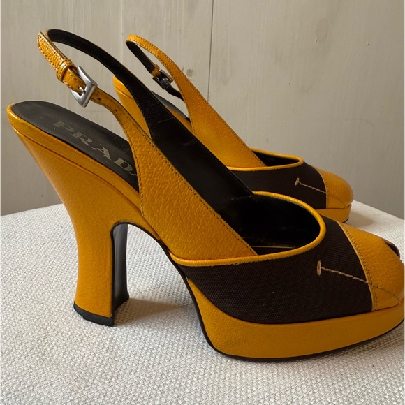PRADA Brown & Mustard Yellow Leather Textile Heels 8.5 - Picture 6 of 16